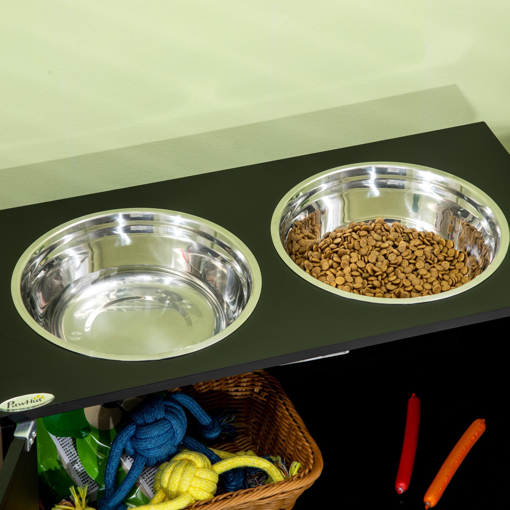 EASYCOMFORT Raised Dog Bowl with Container Compartment, 2 Removable Stainless Steel Bowls, 60x30x35.5cm, Black