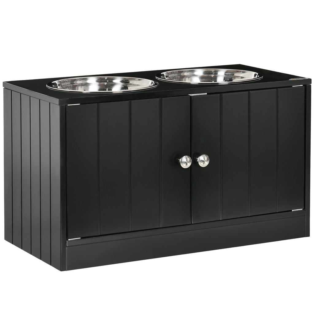 EASYCOMFORT Raised Dog Bowl with Container Compartment, 2 Removable Stainless Steel Bowls, 60x30x35.5cm, Black