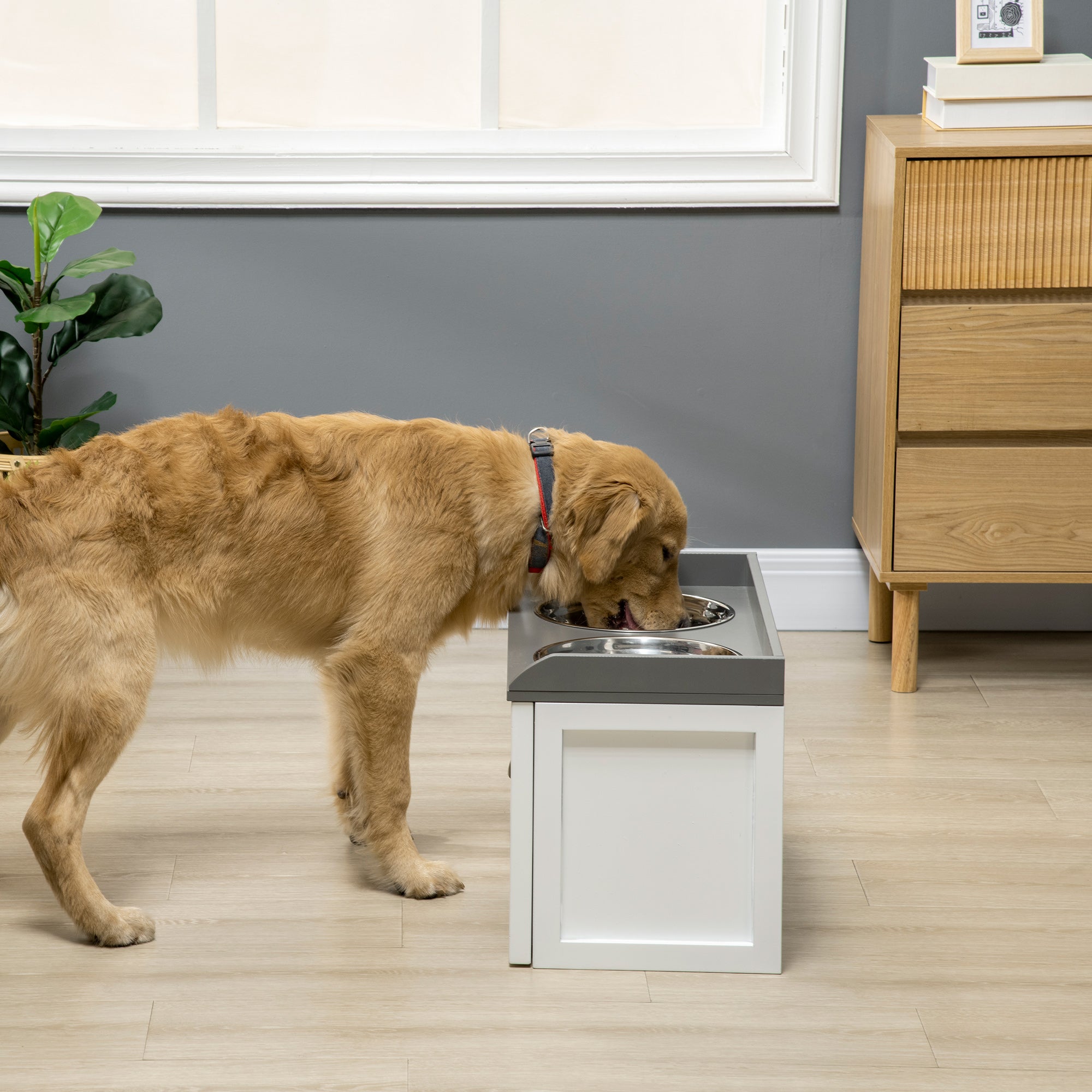 EASYCOMFORT Raised Dog Bowls in Stainless Steel and Wood with Drawer, 60x30x36cm, White and Gray