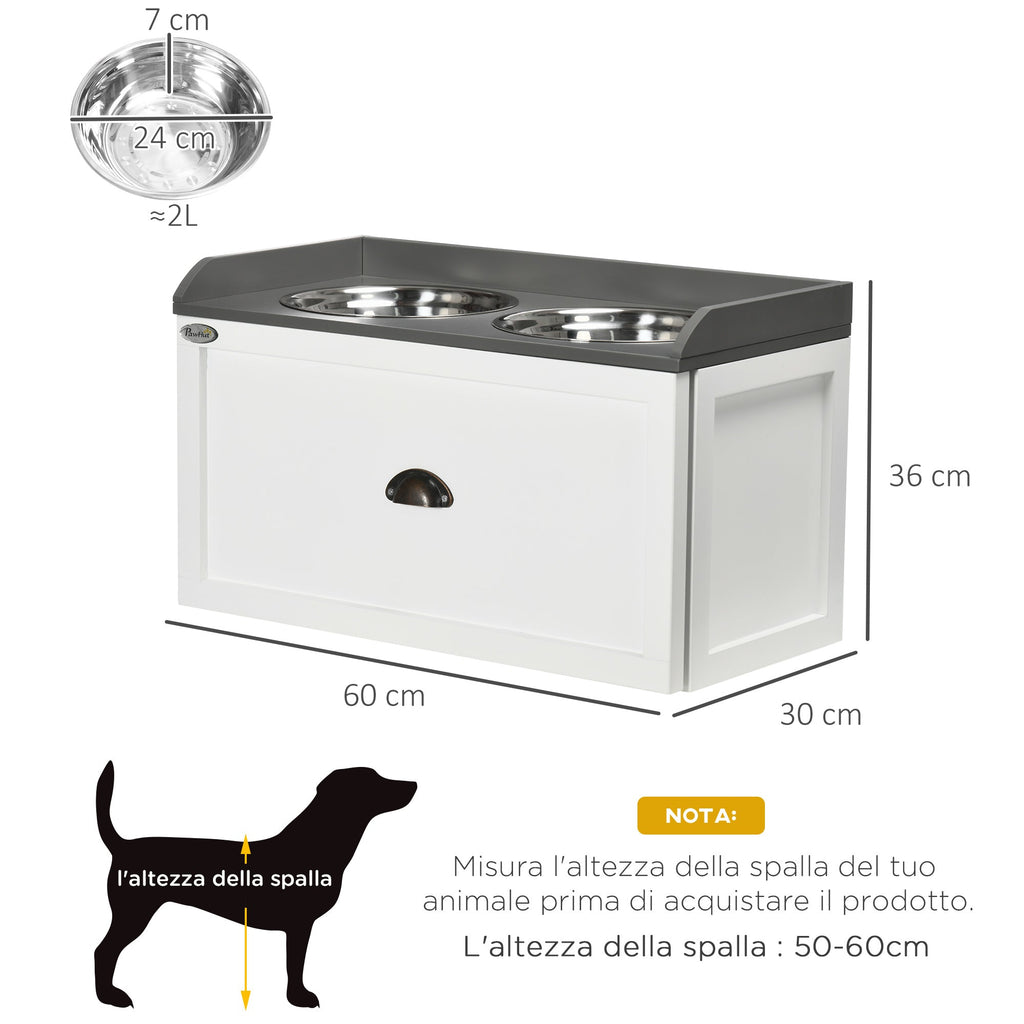 EASYCOMFORT Raised Dog Bowls in Stainless Steel and Wood with Drawer, 60x30x36cm, White and Gray