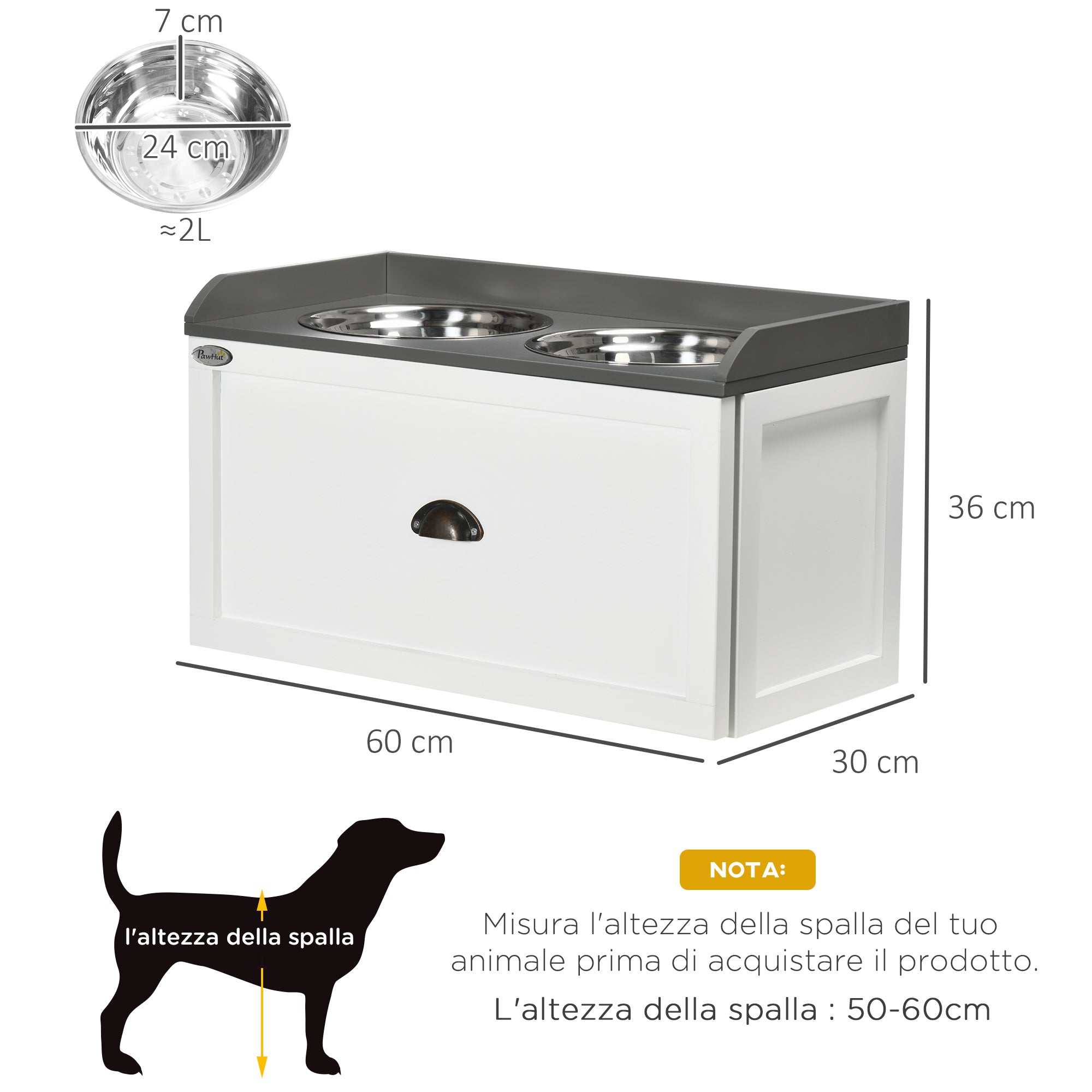 EASYCOMFORT Raised Dog Bowls in Stainless Steel and Wood with Drawer, 60x30x36cm, White and Gray
