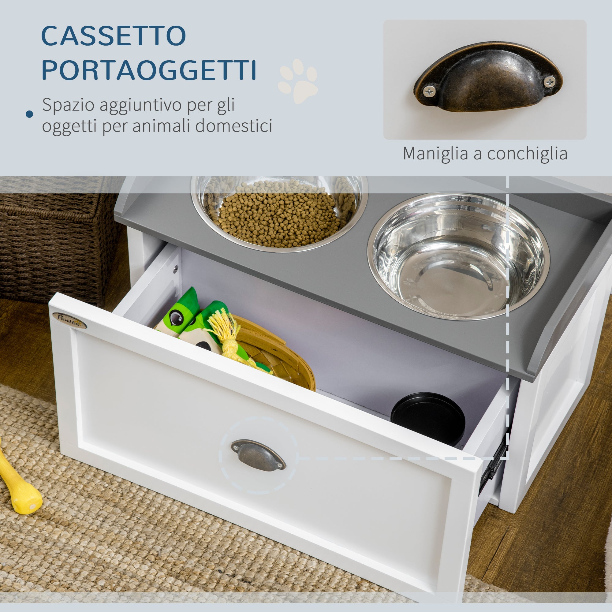 EASYCOMFORT Raised Dog Bowls in Stainless Steel and Wood with Drawer, 60x30x36cm, White and Gray