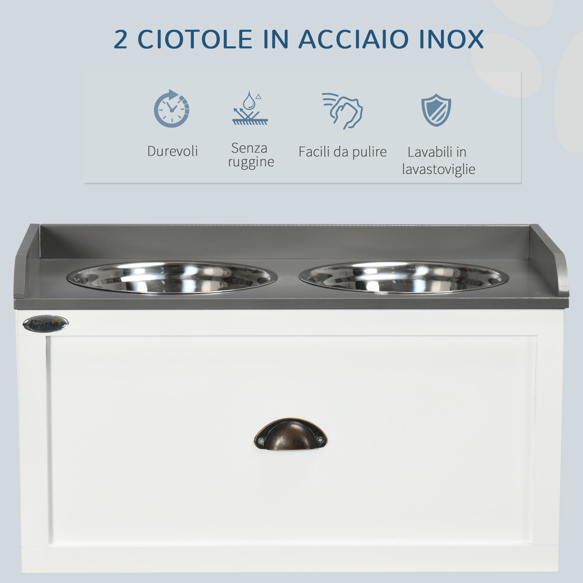 EASYCOMFORT Raised Dog Bowls in Stainless Steel and Wood with Drawer, 60x30x36cm, White and Gray