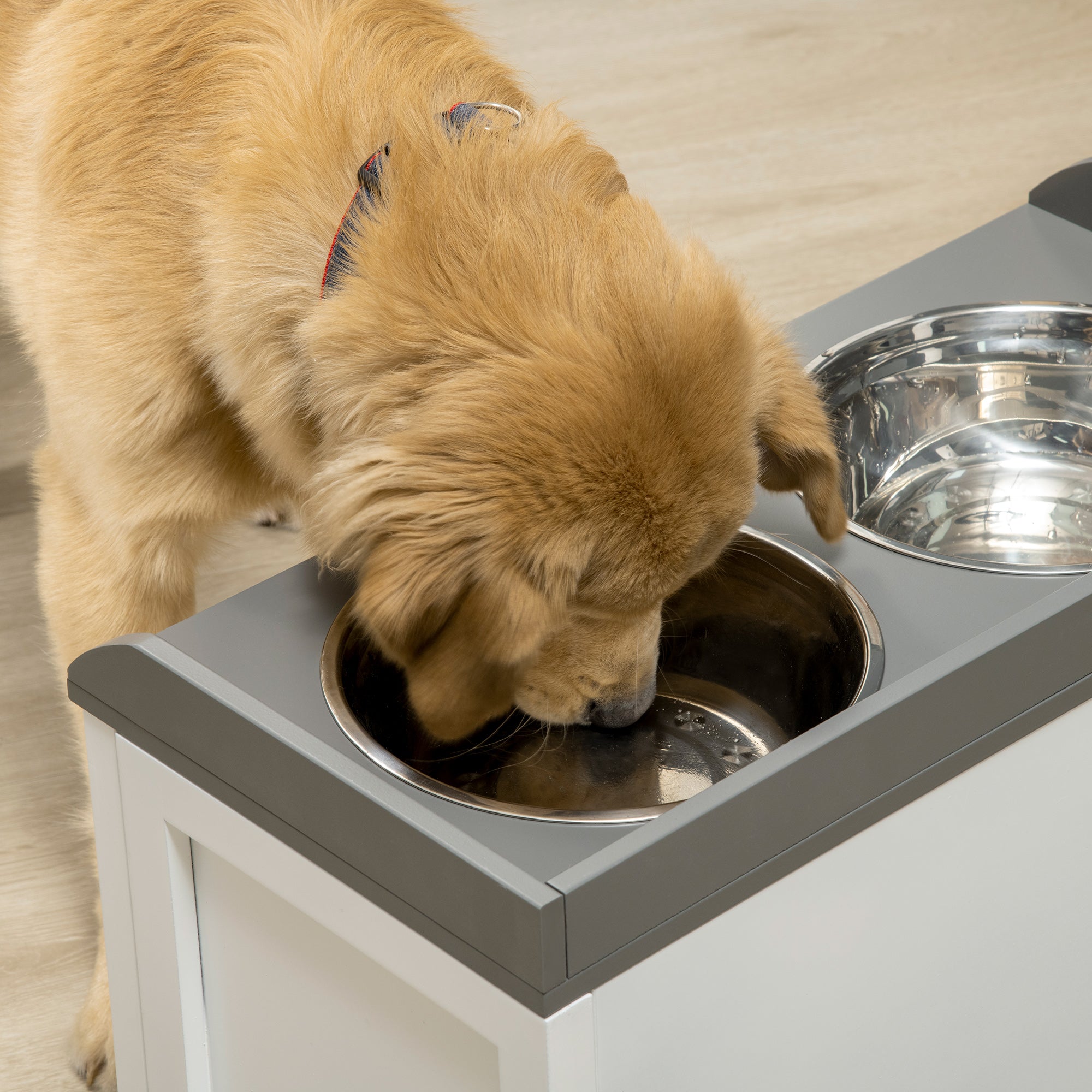 EASYCOMFORT Raised Dog Bowls in Stainless Steel and Wood with Drawer, 60x30x36cm, White and Gray