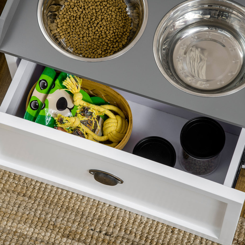EASYCOMFORT Raised Dog Bowls in Stainless Steel and Wood with Drawer, 60x30x36cm, White and Gray