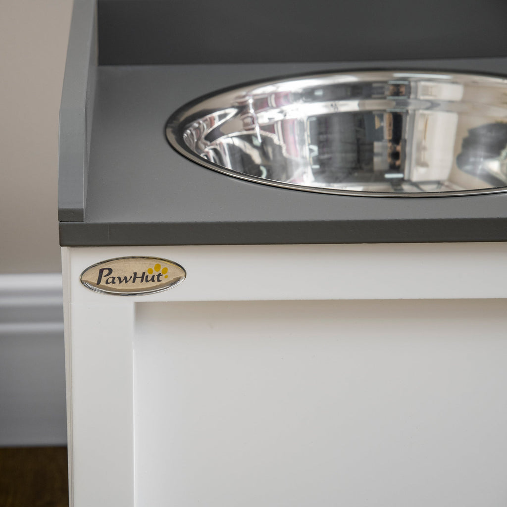 EASYCOMFORT Raised Dog Bowls in Stainless Steel and Wood with Drawer, 60x30x36cm, White and Gray