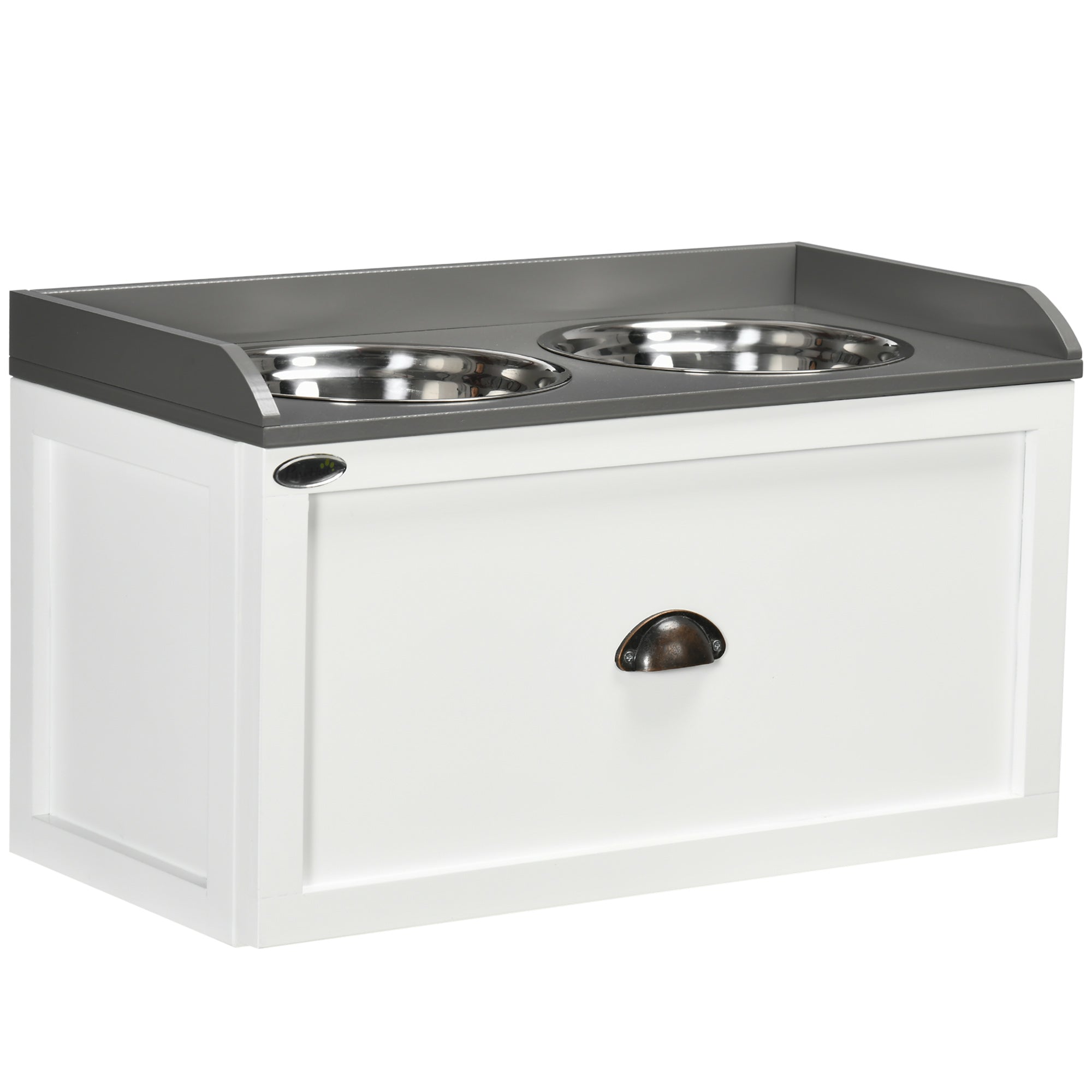 EASYCOMFORT Raised Dog Bowls in Stainless Steel and Wood with Drawer, 60x30x36cm, White and Gray