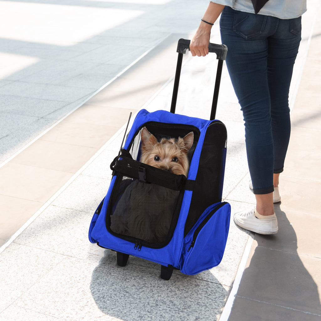 EASYCOMFORT 2 in 1 Backpack Carrier for Dogs and Cats with Side Pockets, Telescopic Handle and Wheels, 42x25x55cm, Blue
