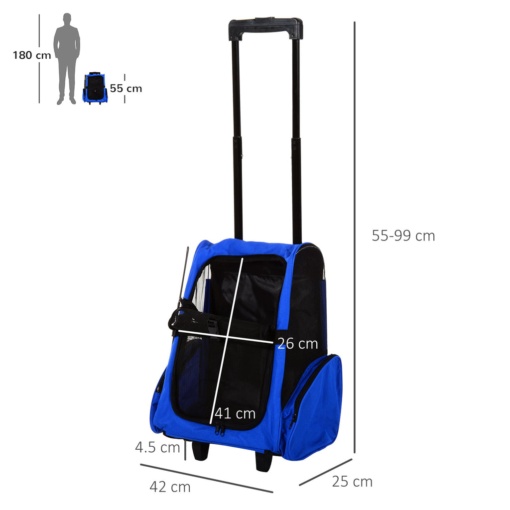 EASYCOMFORT 2 in 1 Backpack Carrier for Dogs and Cats with Side Pockets, Telescopic Handle and Wheels, 42x25x55cm, Blue