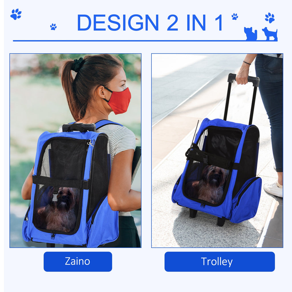 EASYCOMFORT 2 in 1 Backpack Carrier for Dogs and Cats with Side Pockets, Telescopic Handle and Wheels, 42x25x55cm, Blue