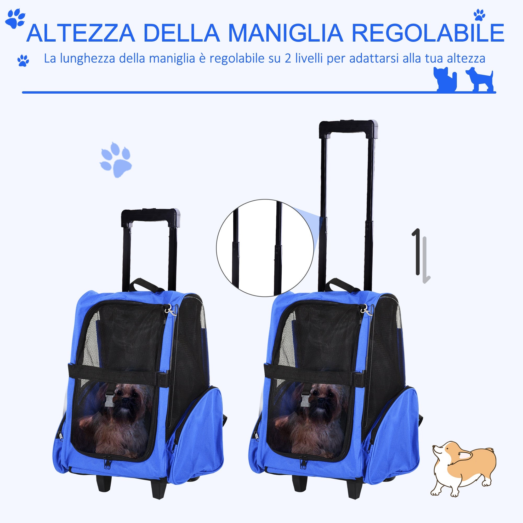 EASYCOMFORT 2 in 1 Backpack Carrier for Dogs and Cats with Side Pockets, Telescopic Handle and Wheels, 42x25x55cm, Blue