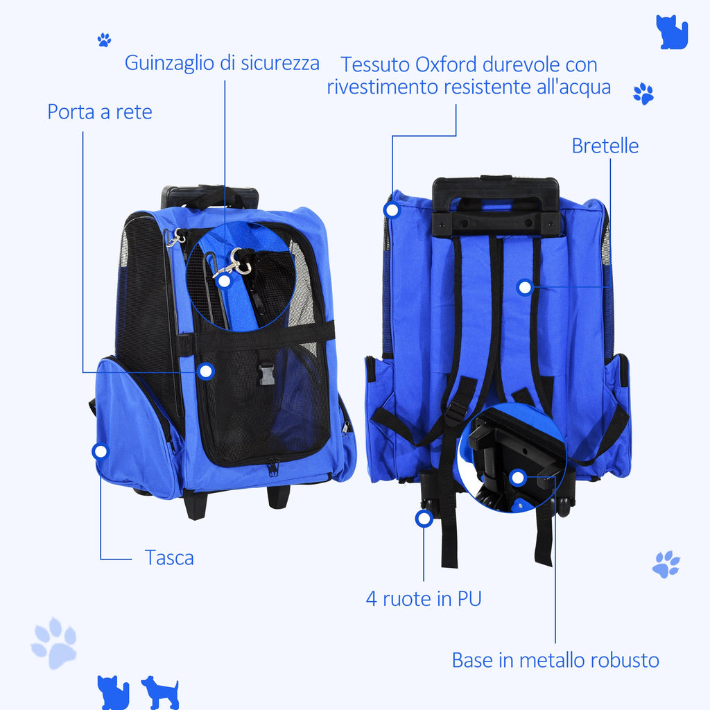 EASYCOMFORT 2 in 1 Backpack Carrier for Dogs and Cats with Side Pockets, Telescopic Handle and Wheels, 42x25x55cm, Blue