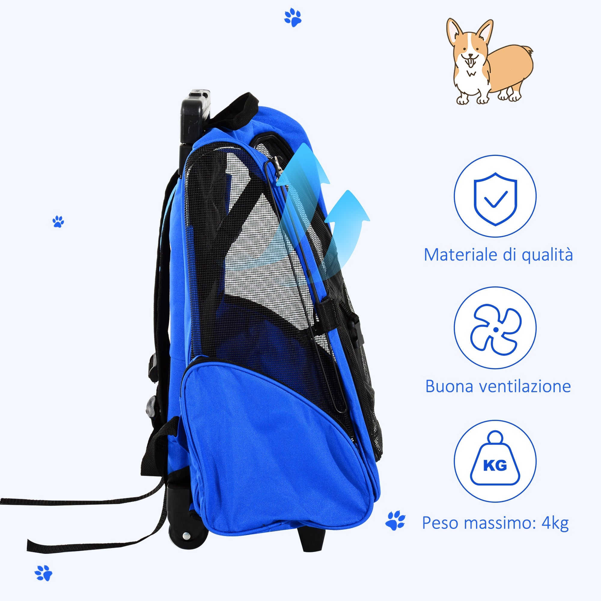EASYCOMFORT 2 in 1 Backpack Carrier for Dogs and Cats with Side Pockets, Telescopic Handle and Wheels, 42x25x55cm, Blue