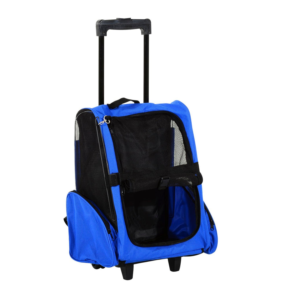 EASYCOMFORT 2 in 1 Backpack Carrier for Dogs and Cats with Side Pockets, Telescopic Handle and Wheels, 42x25x55cm, Blue