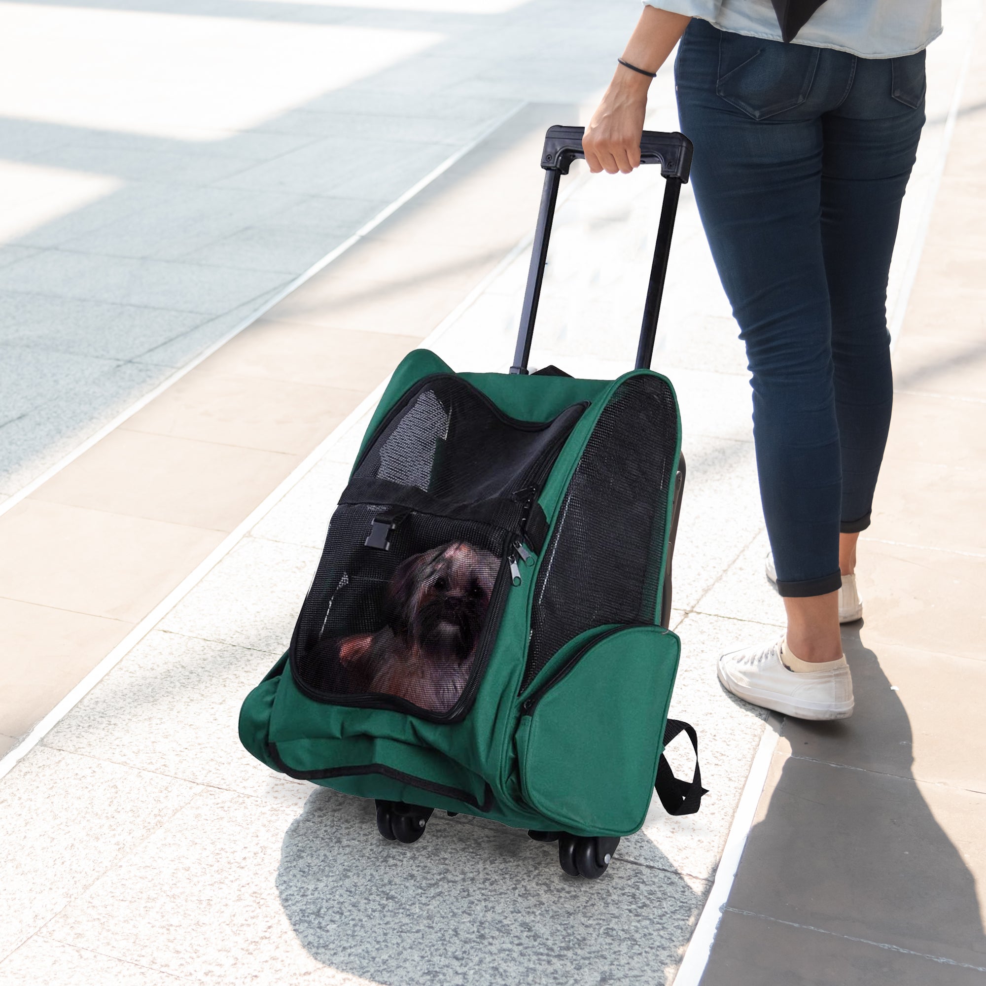 EASYCOMFORT 2 in 1 Backpack Carrier for Dogs and Cats with Side Pockets, Telescopic Handle and Wheels, 42x25x55cm, Green