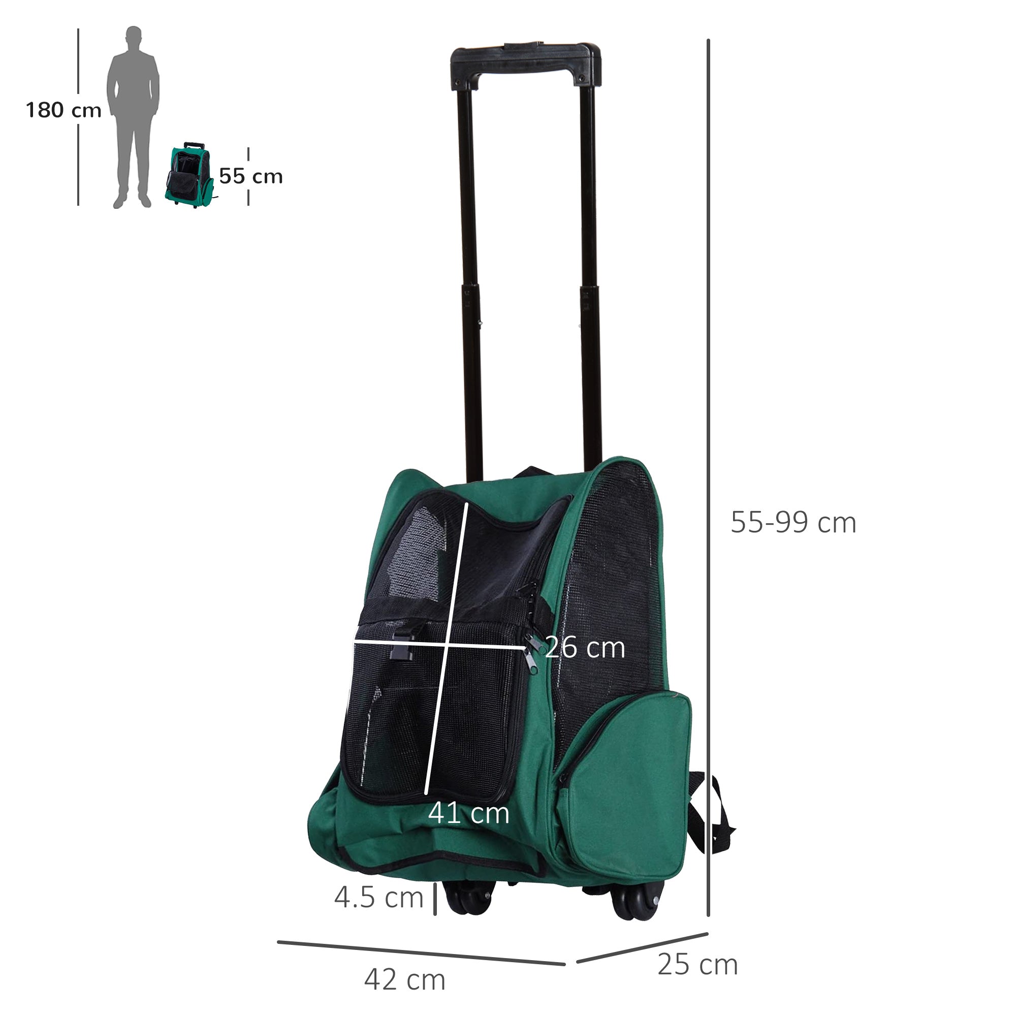 EASYCOMFORT 2 in 1 Backpack Carrier for Dogs and Cats with Side Pockets, Telescopic Handle and Wheels, 42x25x55cm, Green
