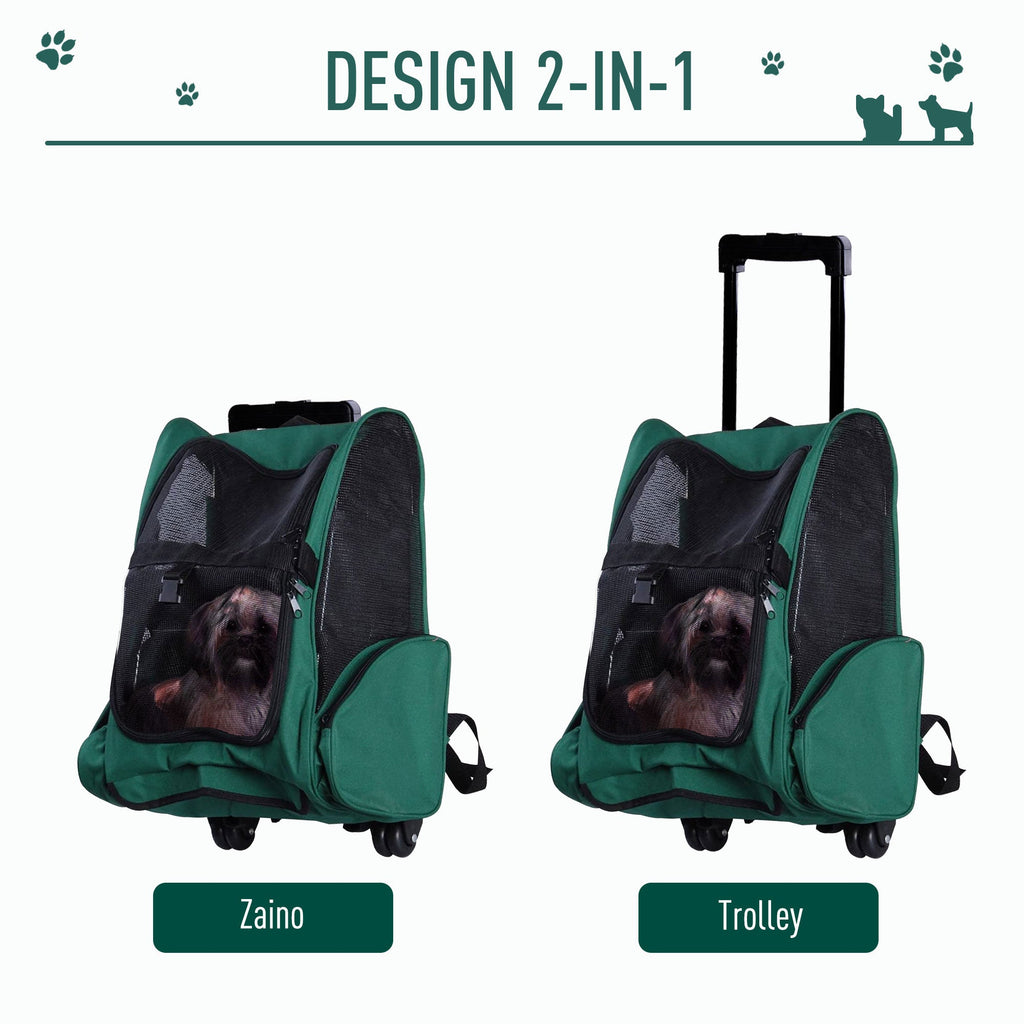 EASYCOMFORT 2 in 1 Backpack Carrier for Dogs and Cats with Side Pockets, Telescopic Handle and Wheels, 42x25x55cm, Green