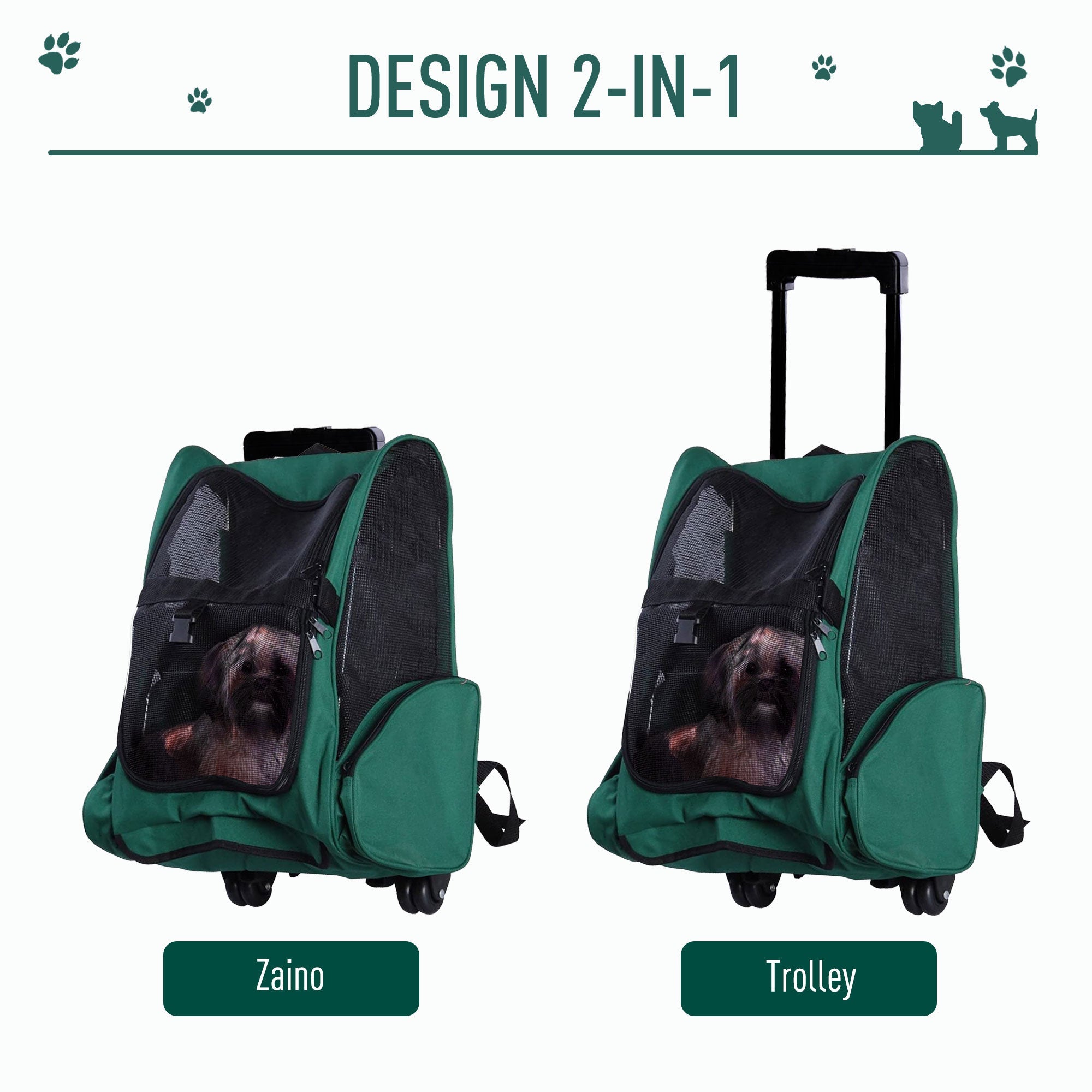 EASYCOMFORT 2 in 1 Backpack Carrier for Dogs and Cats with Side Pockets, Telescopic Handle and Wheels, 42x25x55cm, Green