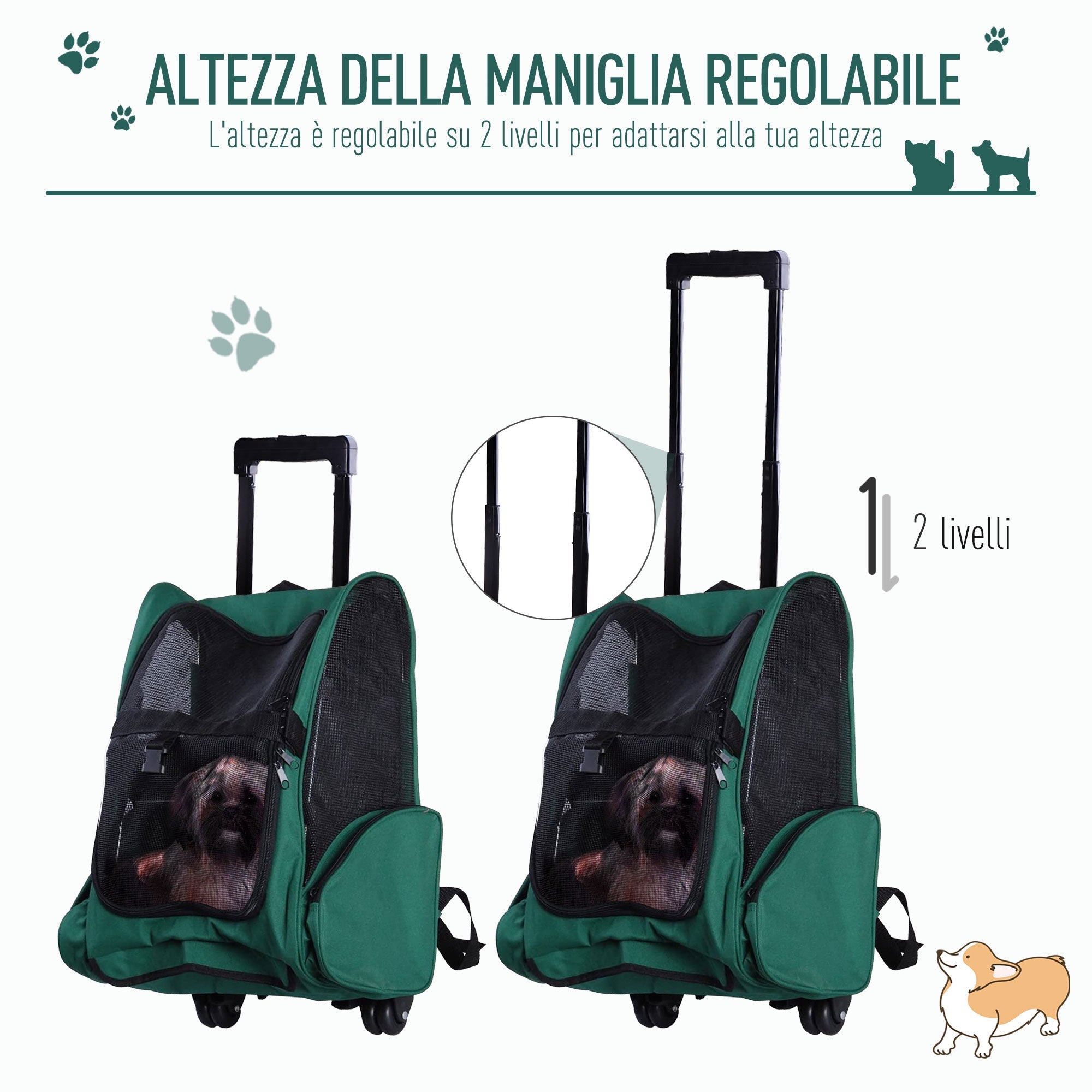 EASYCOMFORT 2 in 1 Backpack Carrier for Dogs and Cats with Side Pockets, Telescopic Handle and Wheels, 42x25x55cm, Green