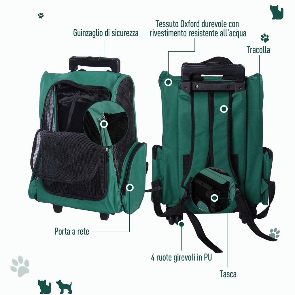 EASYCOMFORT 2 in 1 Backpack Carrier for Dogs and Cats with Side Pockets, Telescopic Handle and Wheels, 42x25x55cm, Green
