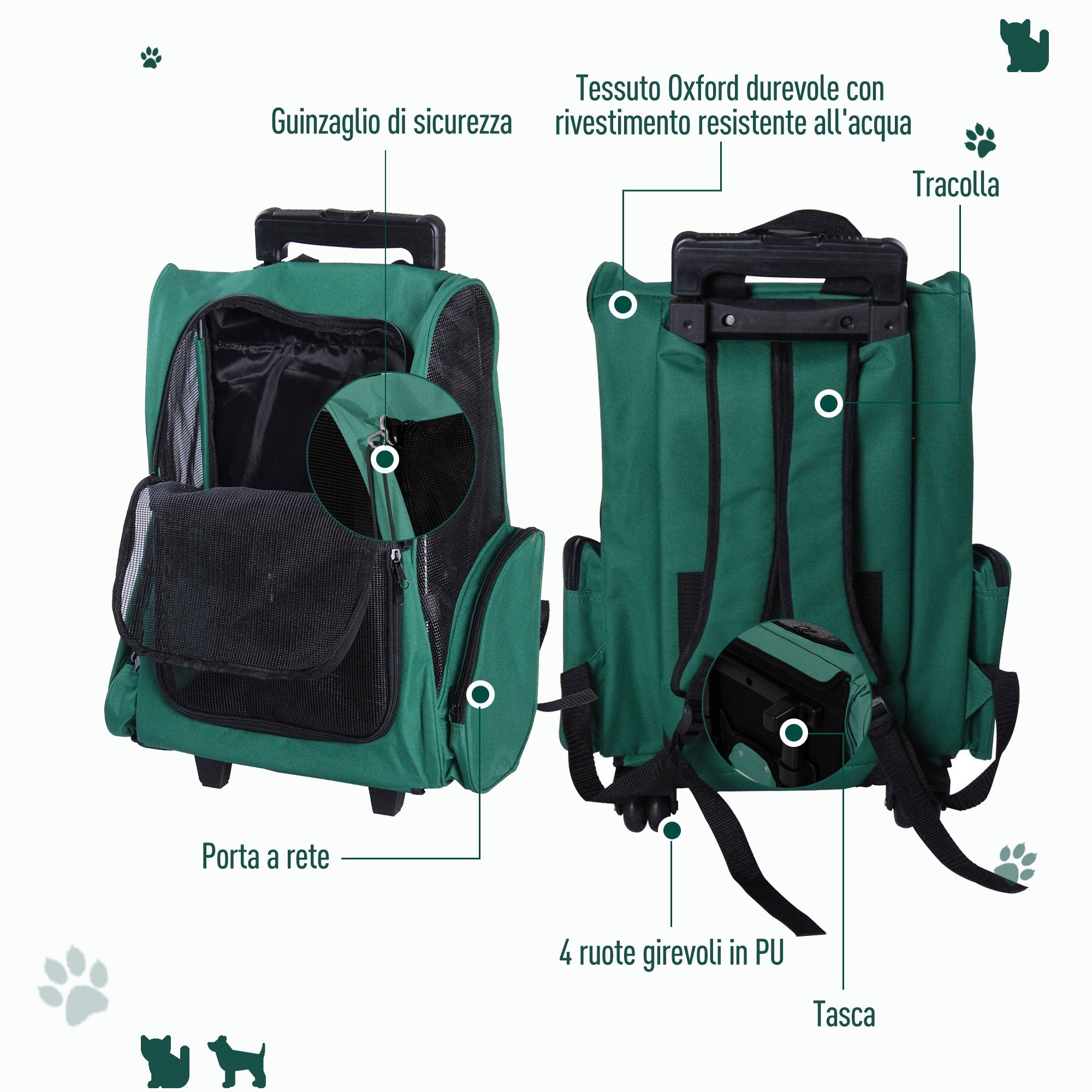 EASYCOMFORT 2 in 1 Backpack Carrier for Dogs and Cats with Side Pockets, Telescopic Handle and Wheels, 42x25x55cm, Green