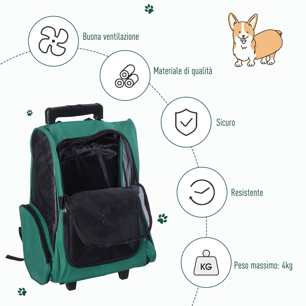 EASYCOMFORT 2 in 1 Backpack Carrier for Dogs and Cats with Side Pockets, Telescopic Handle and Wheels, 42x25x55cm, Green