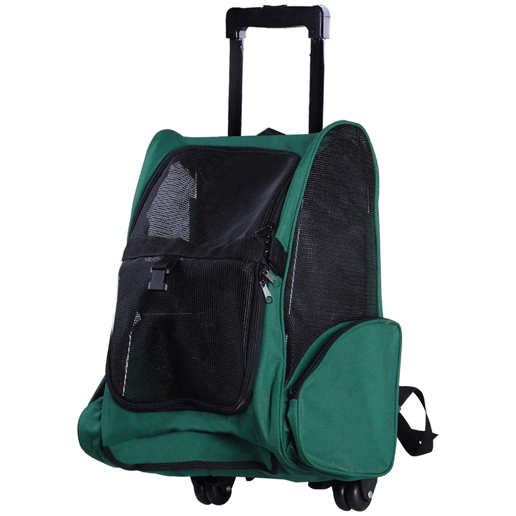 EASYCOMFORT 2 in 1 Backpack Carrier for Dogs and Cats with Side Pockets, Telescopic Handle and Wheels, 42x25x55cm, Green