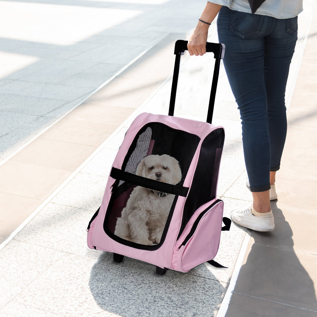 EASYCOMFORT 2 in 1 Backpack Carrier for Dogs and Cats with Side Pockets, Telescopic Handle and Wheels, 42x25x55cm, Pink