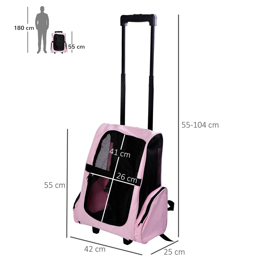 EASYCOMFORT 2 in 1 Backpack Carrier for Dogs and Cats with Side Pockets, Telescopic Handle and Wheels, 42x25x55cm, Pink