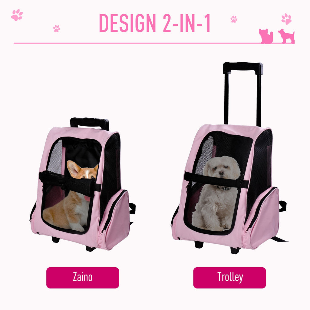 EASYCOMFORT 2 in 1 Backpack Carrier for Dogs and Cats with Side Pockets, Telescopic Handle and Wheels, 42x25x55cm, Pink