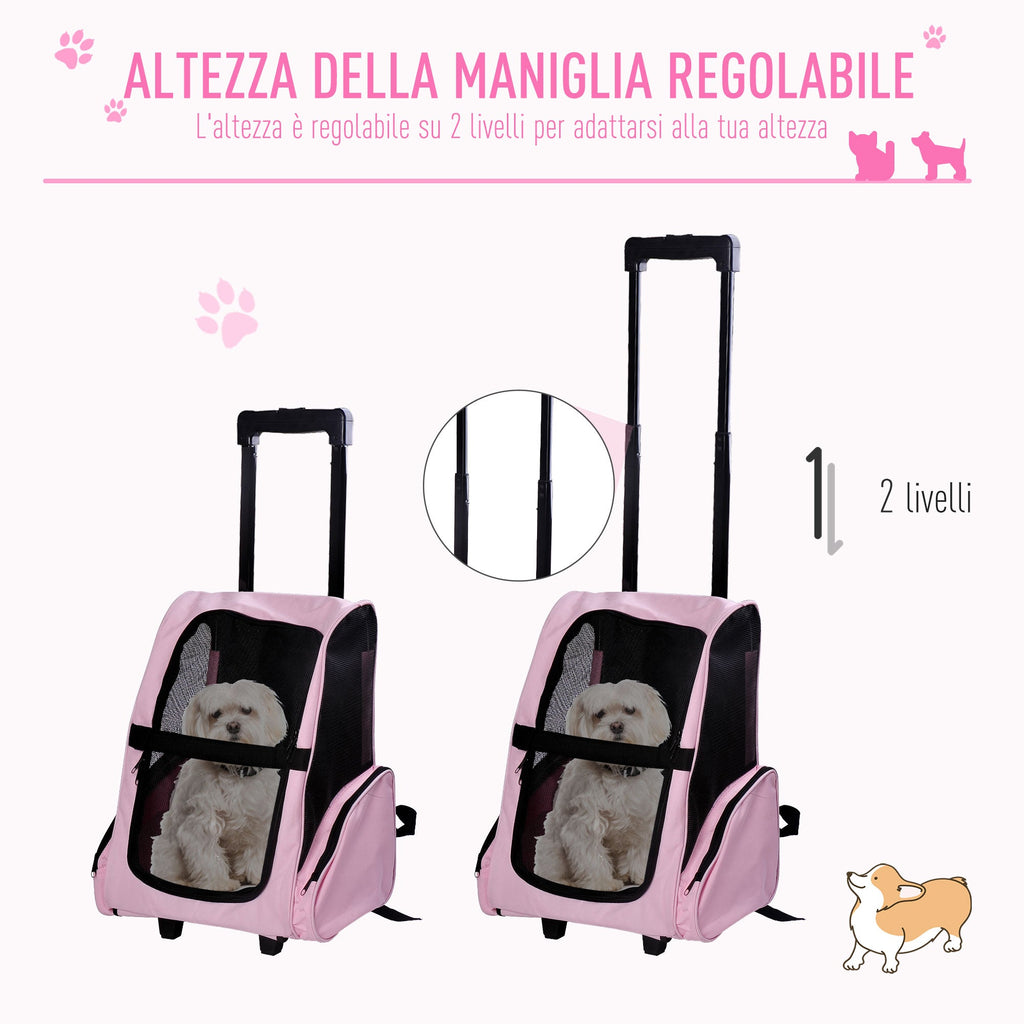 EASYCOMFORT 2 in 1 Backpack Carrier for Dogs and Cats with Side Pockets, Telescopic Handle and Wheels, 42x25x55cm, Pink