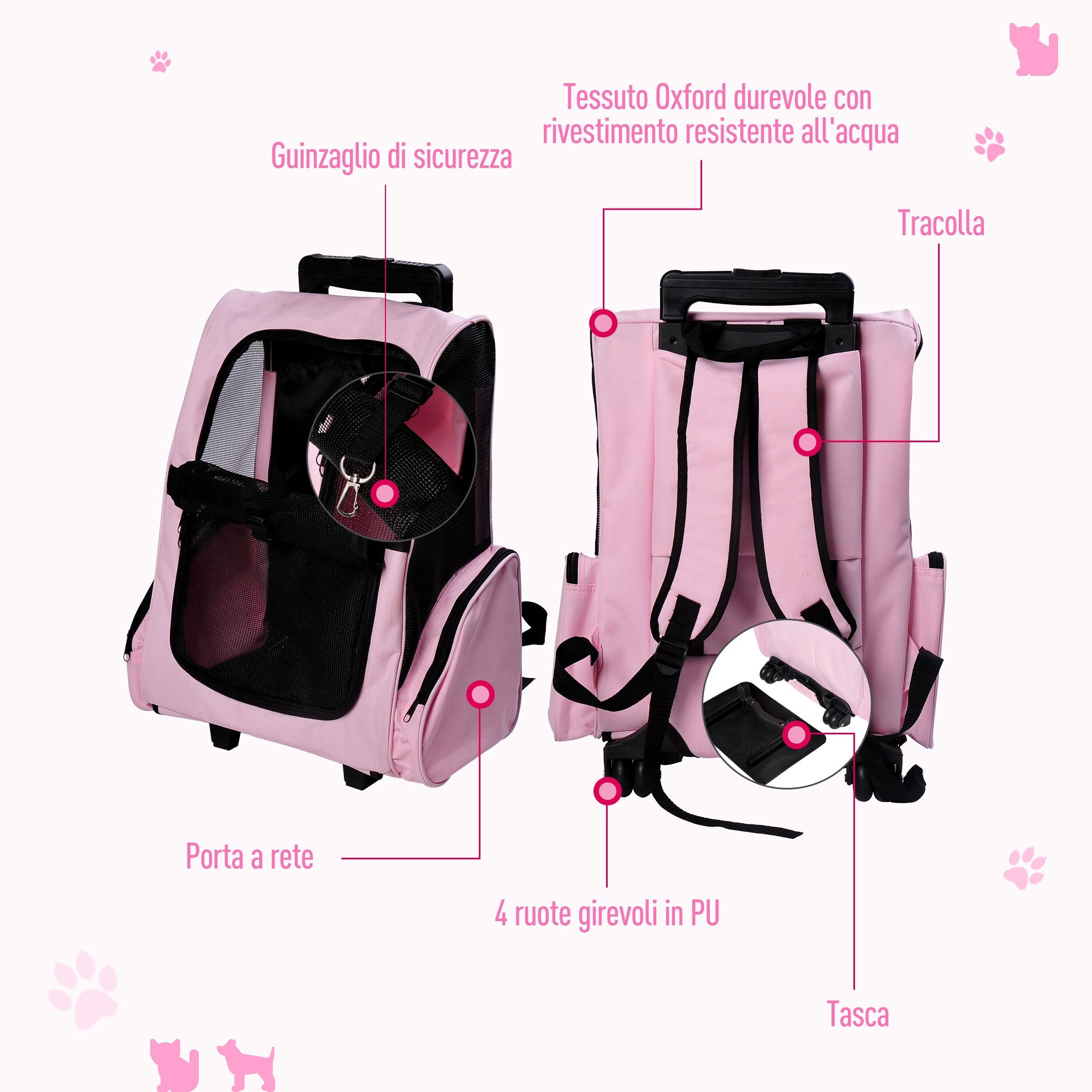 EASYCOMFORT 2 in 1 Backpack Carrier for Dogs and Cats with Side Pockets, Telescopic Handle and Wheels, 42x25x55cm, Pink
