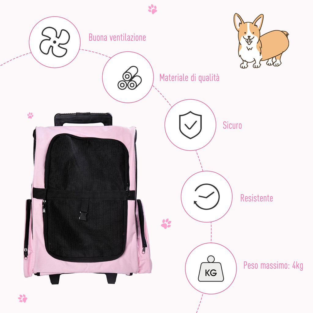 EASYCOMFORT 2 in 1 Backpack Carrier for Dogs and Cats with Side Pockets, Telescopic Handle and Wheels, 42x25x55cm, Pink