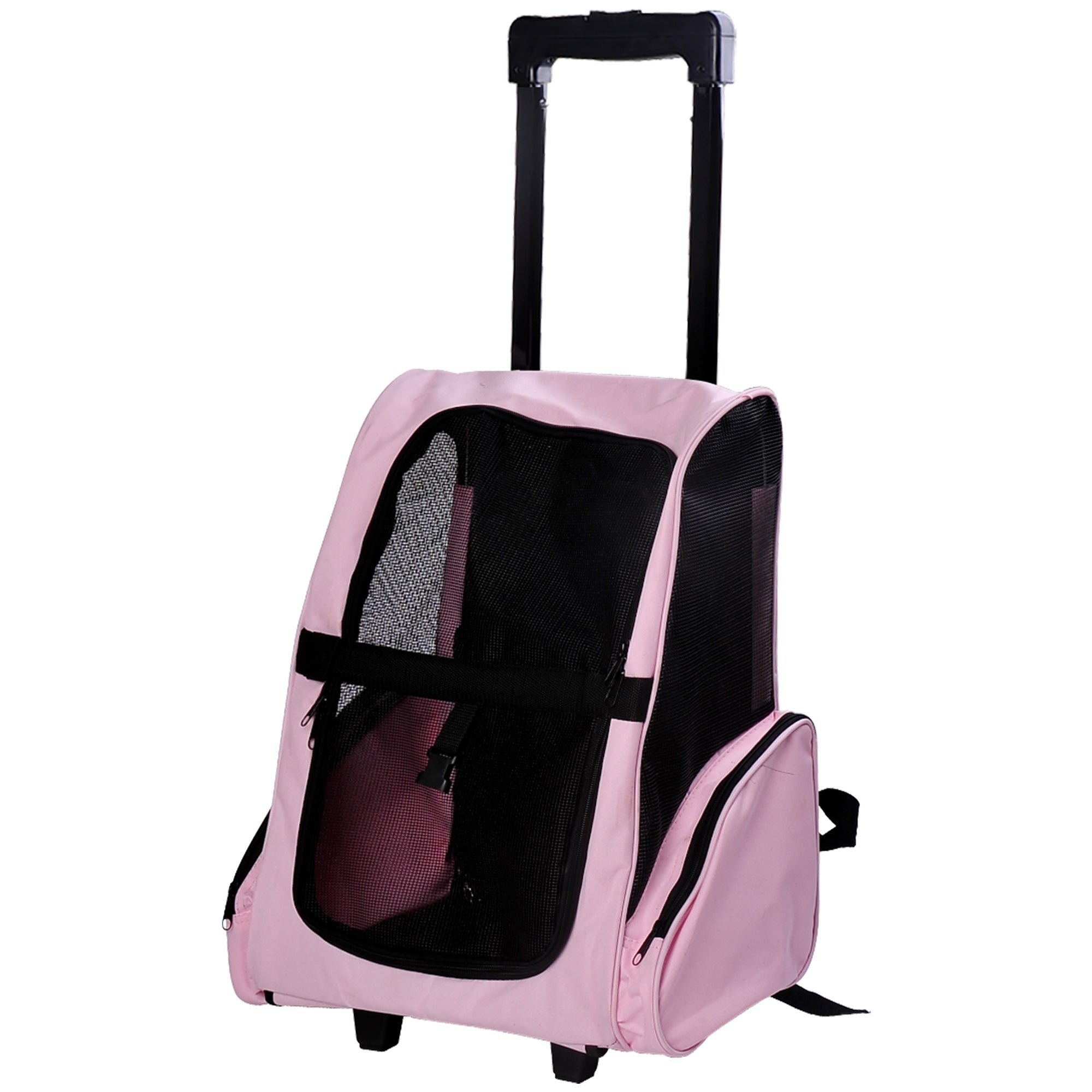 EASYCOMFORT 2 in 1 Backpack Carrier for Dogs and Cats with Side Pockets, Telescopic Handle and Wheels, 42x25x55cm, Pink