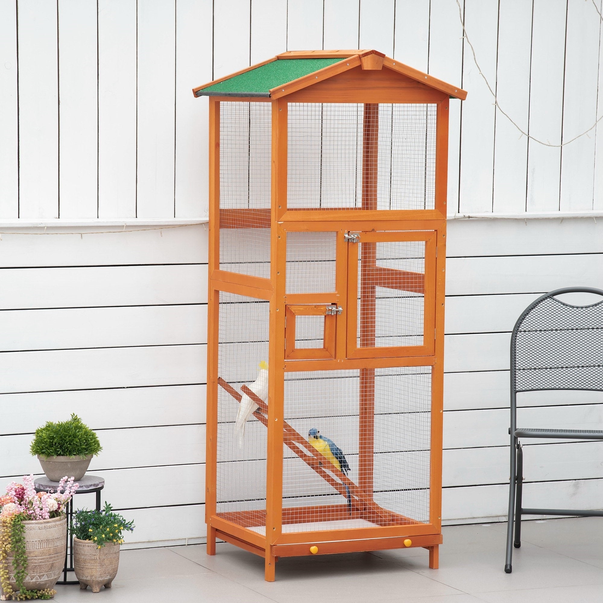 EasyComfort Gabbia per Uccelli Alta 165cm in Legno da Esterno with 2 Porte e Vassoio Estraibile, Arancione