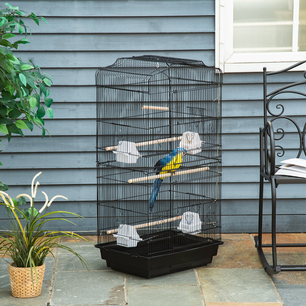 EASYCOMFORT Bird Cage in Metal and Plastic with Perches, Swing and Bowls, 46.5x35.5x92 cm, Black