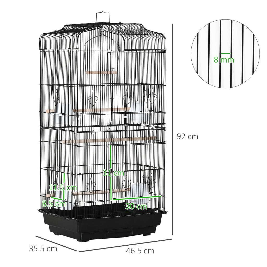 EASYCOMFORT Bird Cage in Metal and Plastic with Perches, Swing and Bowls, 46.5x35.5x92 cm, Black