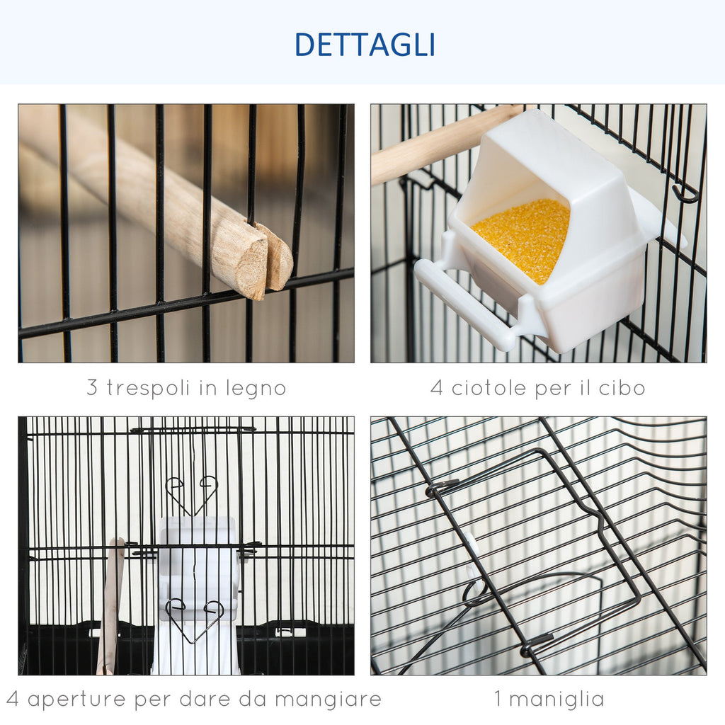 EASYCOMFORT Bird Cage in Metal and Plastic with Perches, Swing and Bowls, 46.5x35.5x92 cm, Black