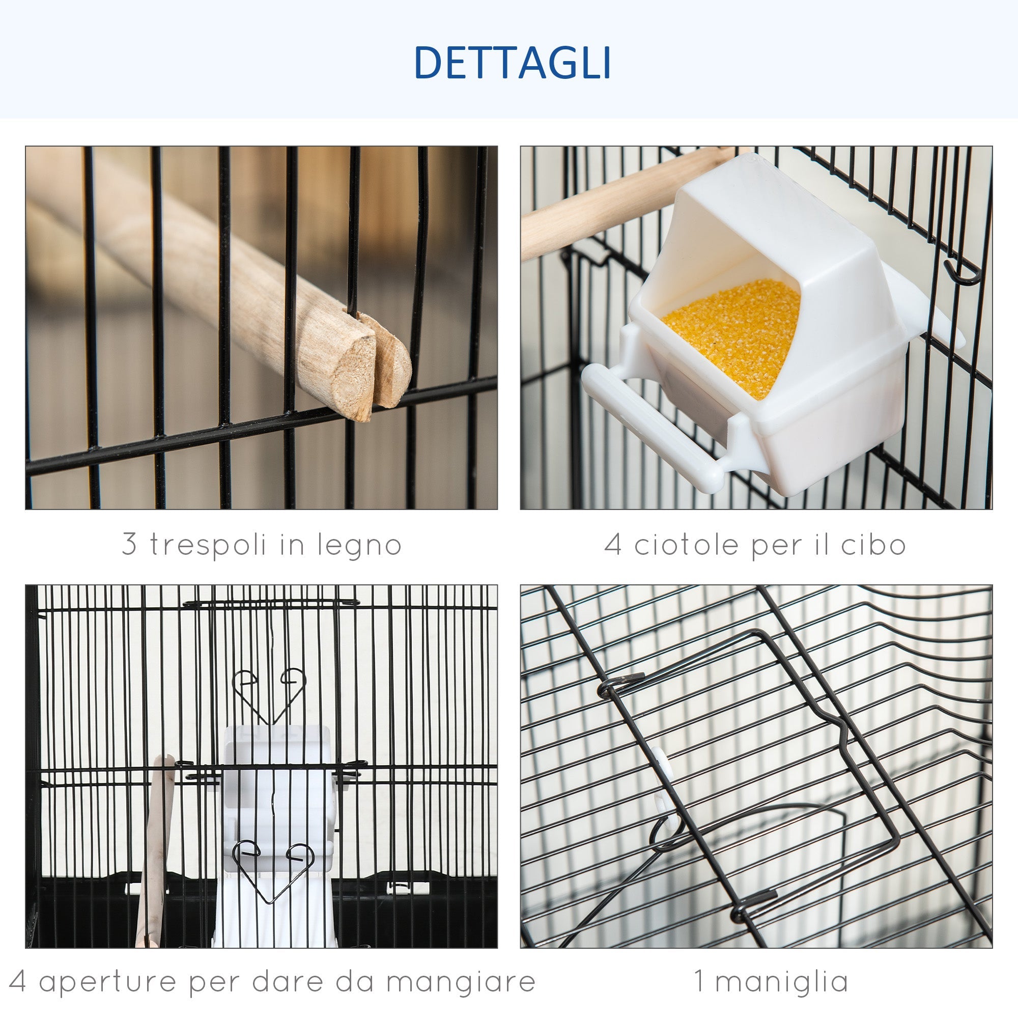 EASYCOMFORT Bird Cage in Metal and Plastic with Perches, Swing and Bowls, 46.5x35.5x92 cm, Black