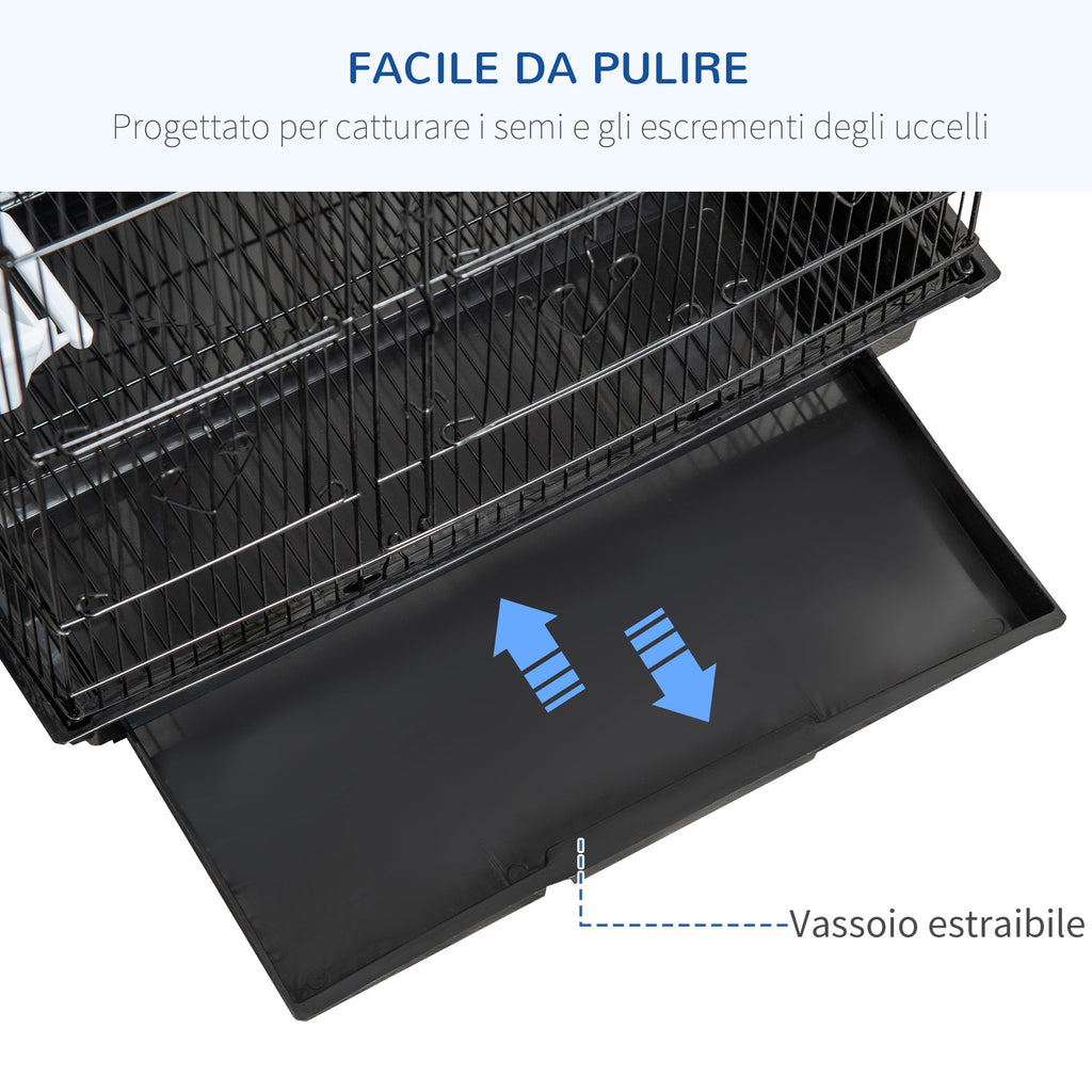 EASYCOMFORT Bird Cage in Metal and Plastic with Perches, Swing and Bowls, 46.5x35.5x92 cm, Black