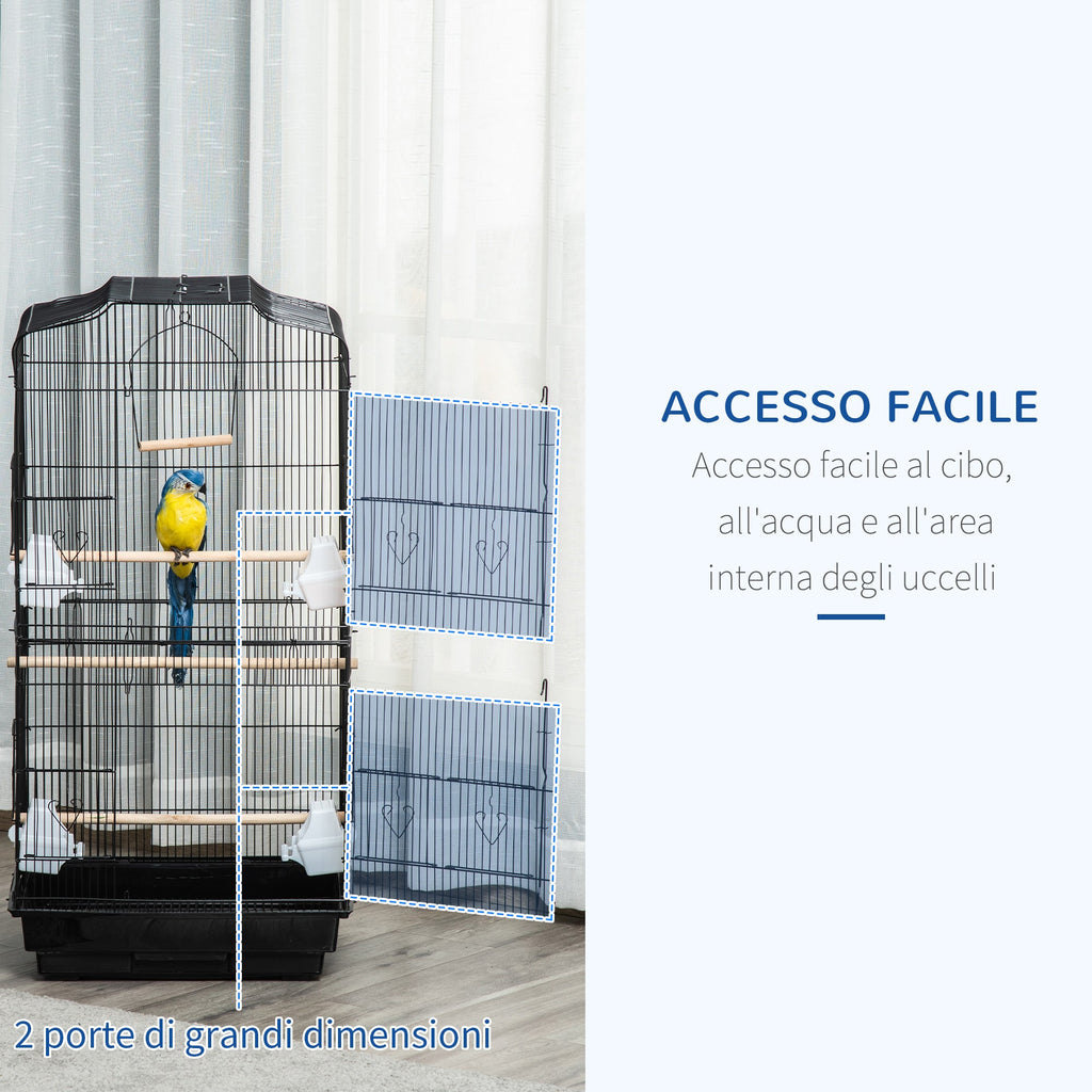 EASYCOMFORT Bird Cage in Metal and Plastic with Perches, Swing and Bowls, 46.5x35.5x92 cm, Black