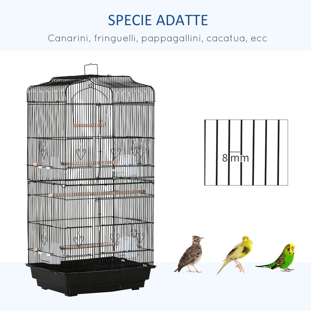 EASYCOMFORT Bird Cage in Metal and Plastic with Perches, Swing and Bowls, 46.5x35.5x92 cm, Black