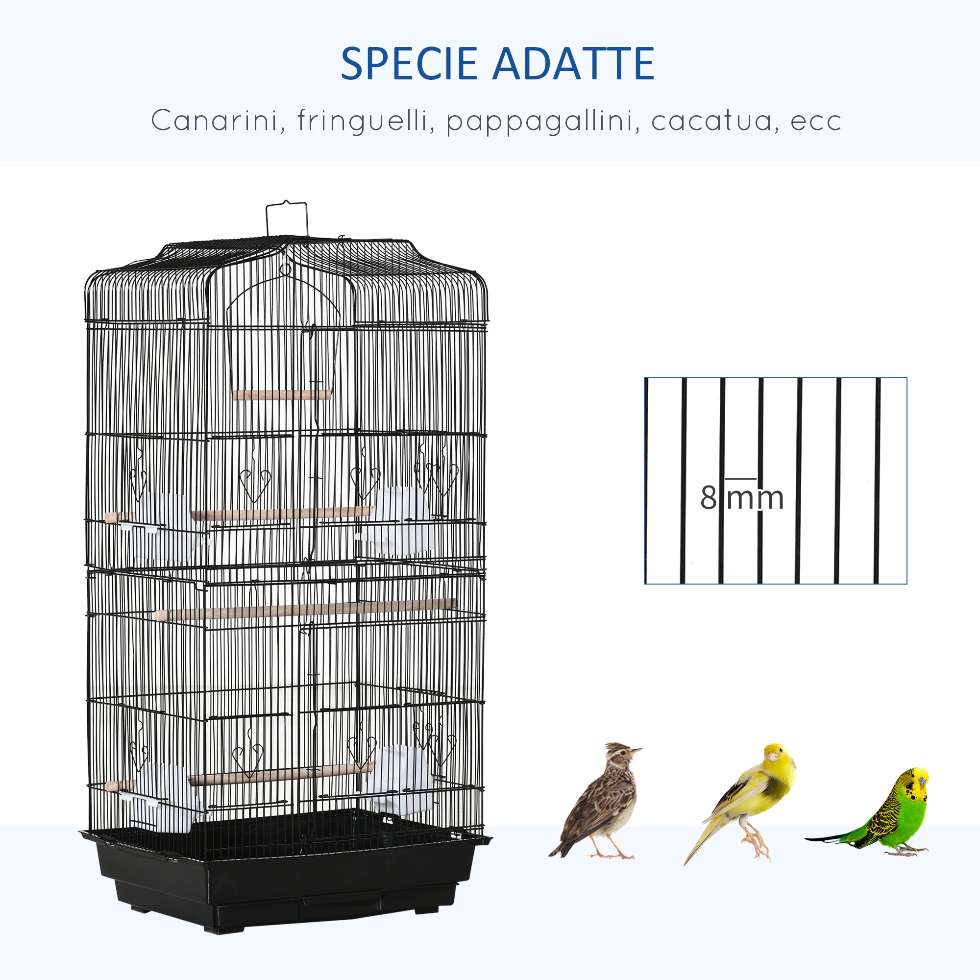 EASYCOMFORT Bird Cage in Metal and Plastic with Perches, Swing and Bowls, 46.5x35.5x92 cm, Black