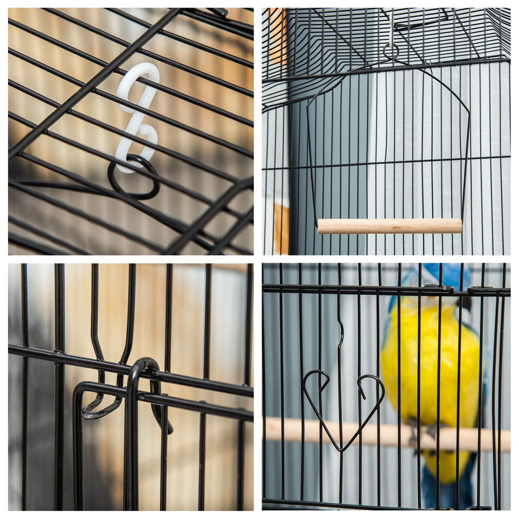 EASYCOMFORT Bird Cage in Metal and Plastic with Perches, Swing and Bowls, 46.5x35.5x92 cm, Black