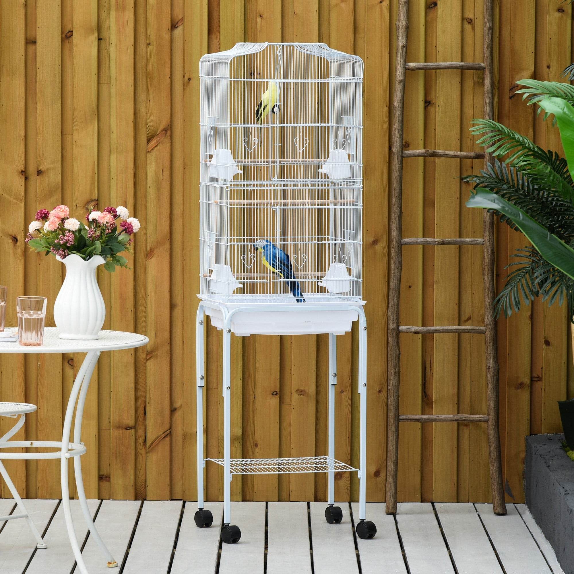 Easycomfort Gabbia per Uccelli, Voliera in Metallo e Acciaio with Ruote, Trespoli e Ciotole, 46.5x36x157cm, white