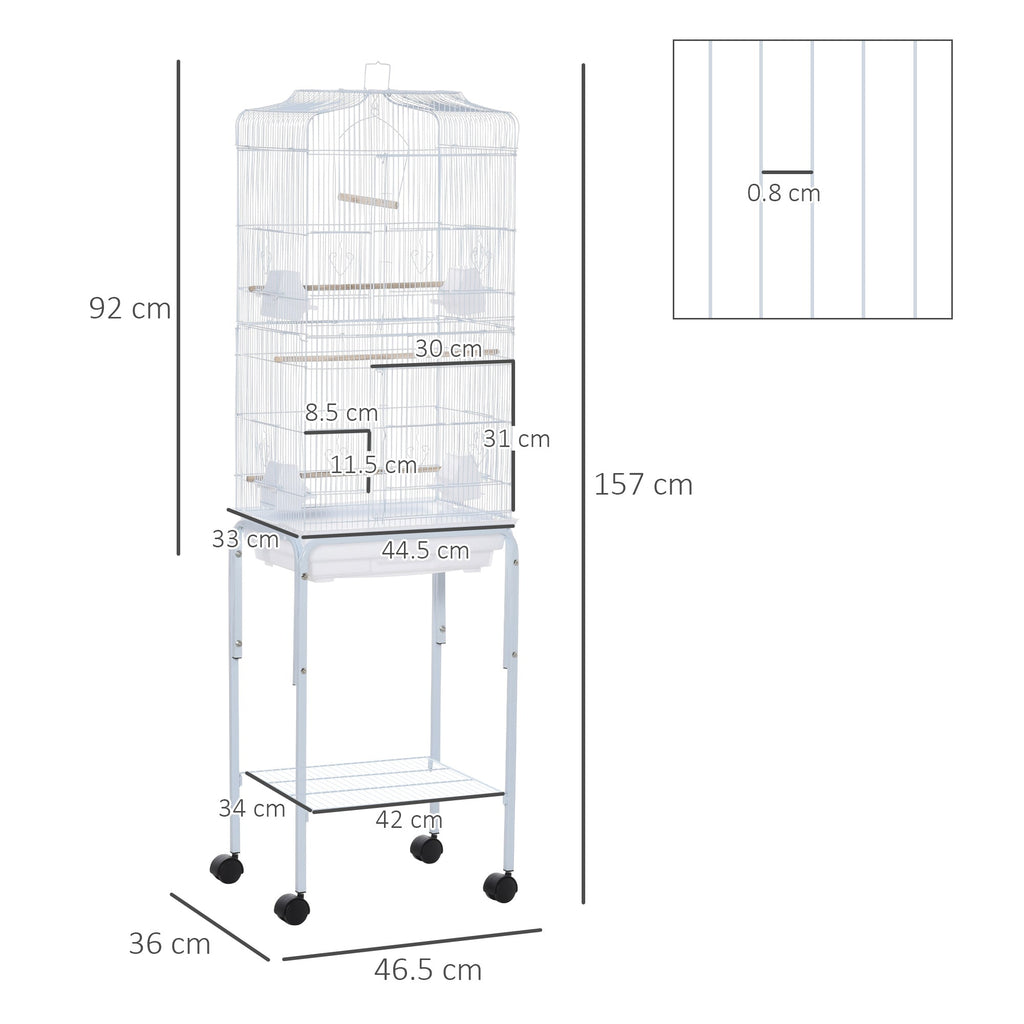 Easycomfort Gabbia per Uccelli, Voliera in Metallo e Acciaio with Ruote, Trespoli e Ciotole, 46.5x36x157cm, white