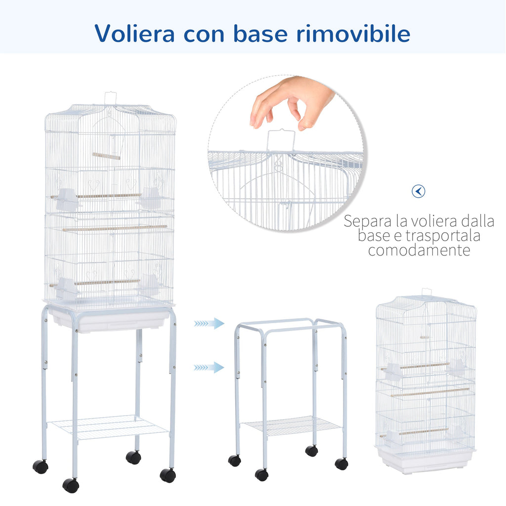 Easycomfort Gabbia per Uccelli, Voliera in Metallo e Acciaio with Ruote, Trespoli e Ciotole, 46.5x36x157cm, white