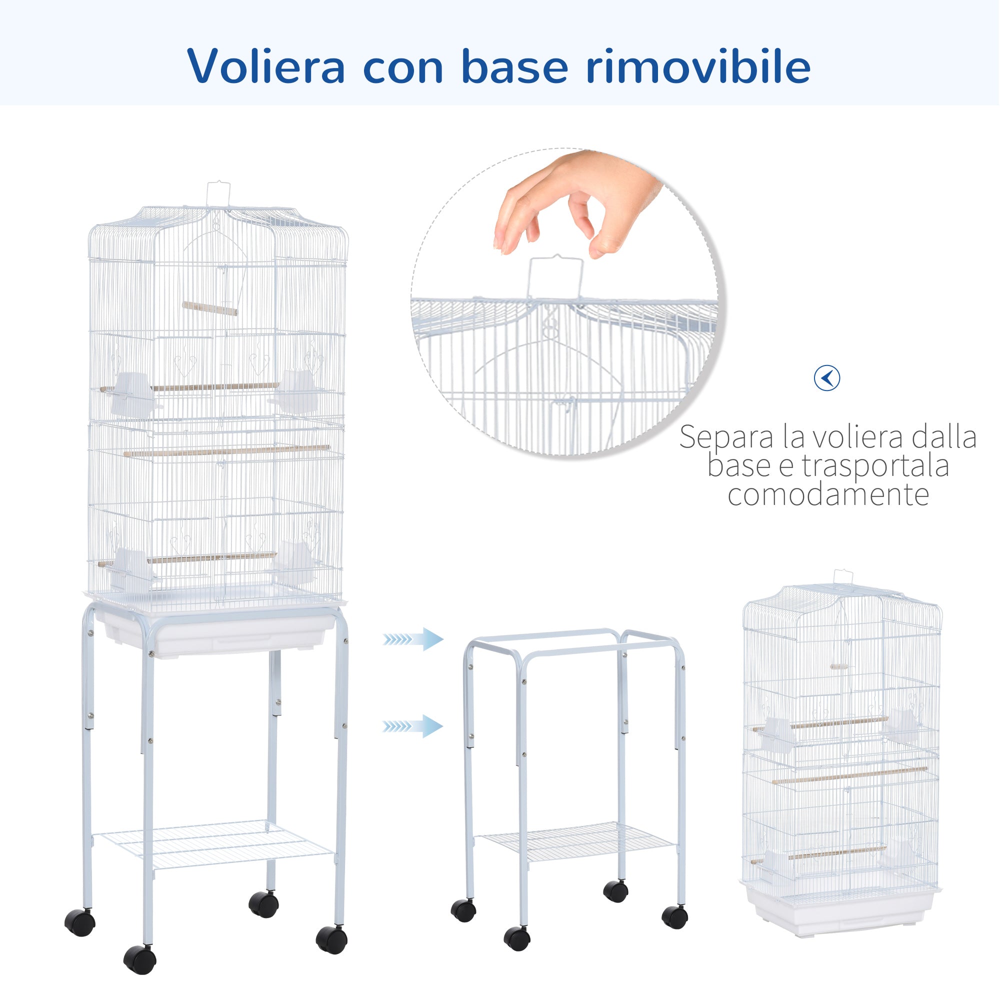Easycomfort Gabbia per Uccelli, Voliera in Metallo e Acciaio with Ruote, Trespoli e Ciotole, 46.5x36x157cm, white