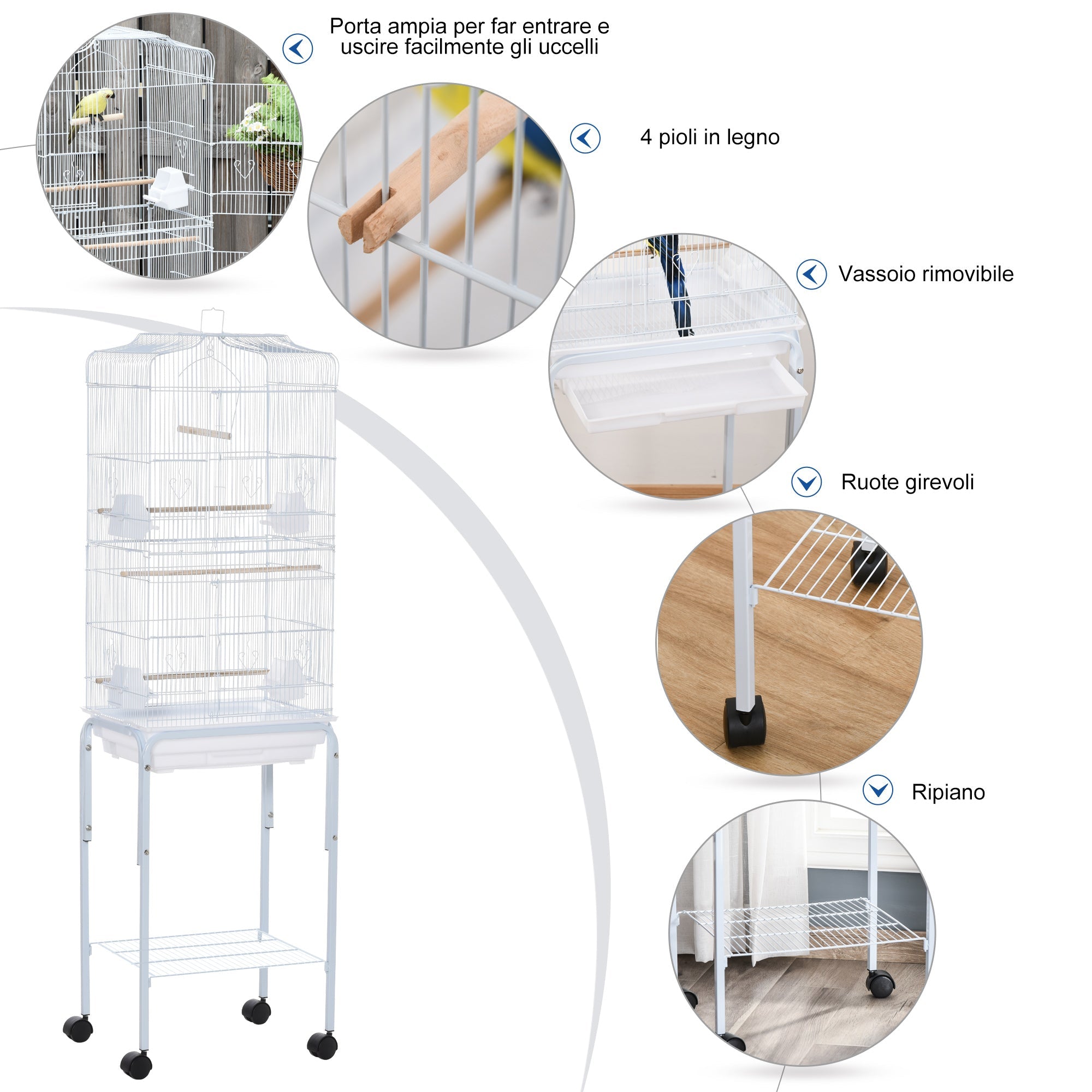 Easycomfort Gabbia per Uccelli, Voliera in Metallo e Acciaio with Ruote, Trespoli e Ciotole, 46.5x36x157cm, white