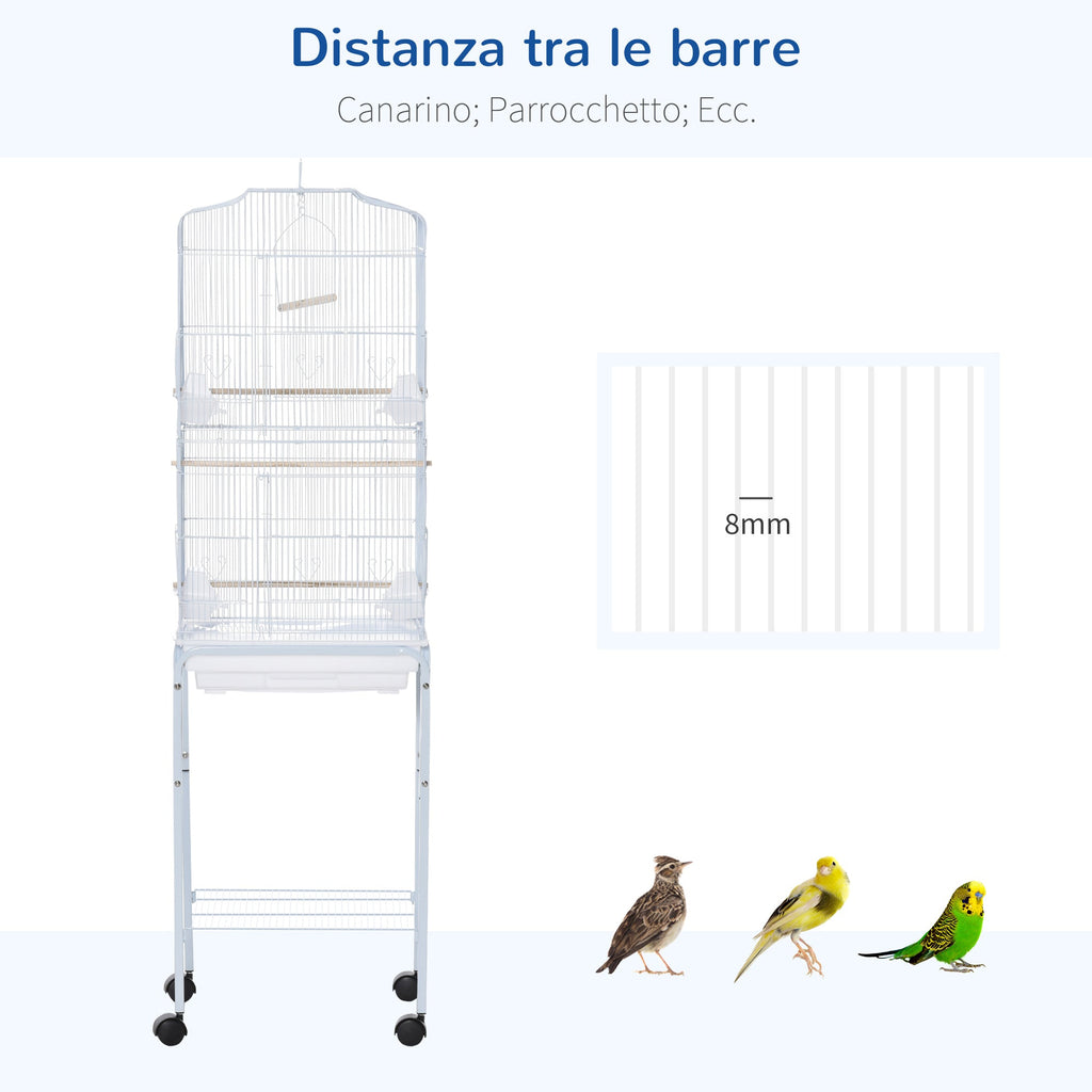 Easycomfort Gabbia per Uccelli, Voliera in Metallo e Acciaio with Ruote, Trespoli e Ciotole, 46.5x36x157cm, white